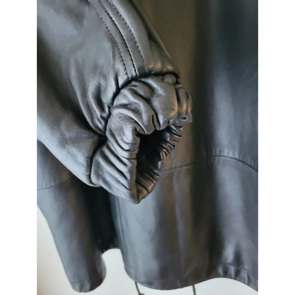 Winlit Vintage Black Leather Hooded Jacket S Longline 90s Y2K Streetwear